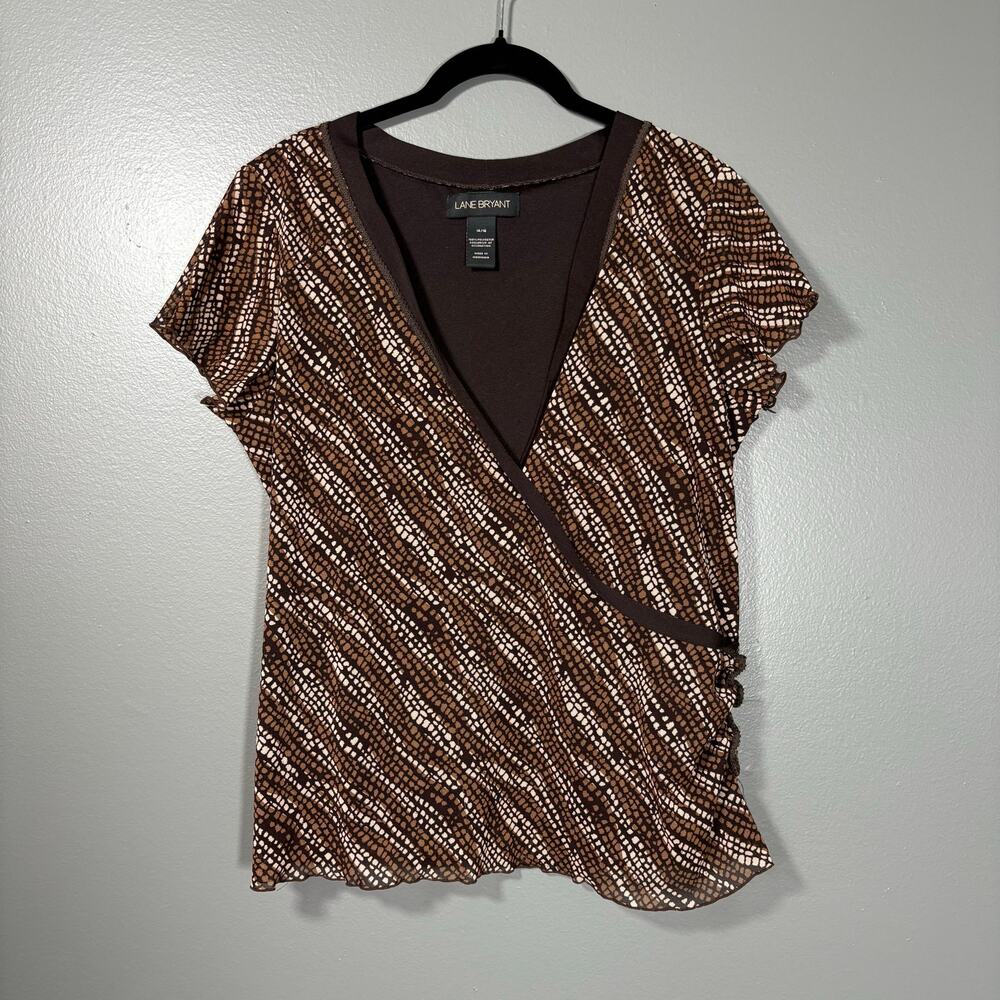 Lane Bryant Vintage Y2K Brown Dot Faux Wrap Top - 14/16 - Women's Plus Size